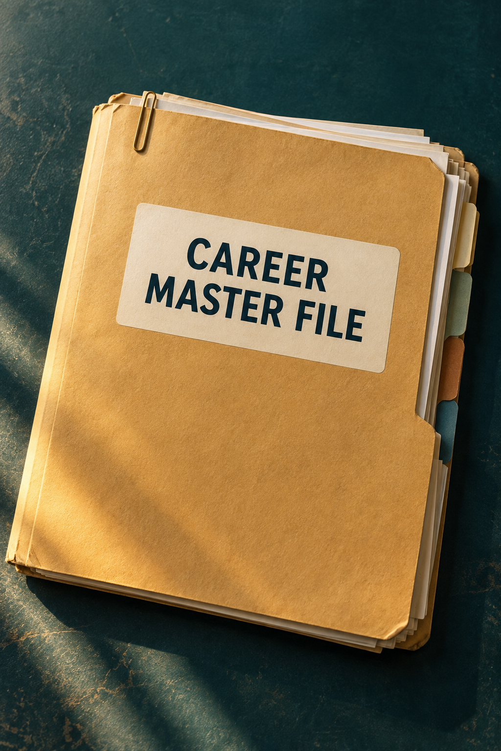 An ochre folder labelled Career Master File, filled with papers on a teal desk